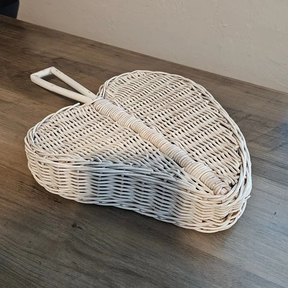 Vintage Heart Wicker Basket Divided Serving Tray Boho Handle White Wash Cottage